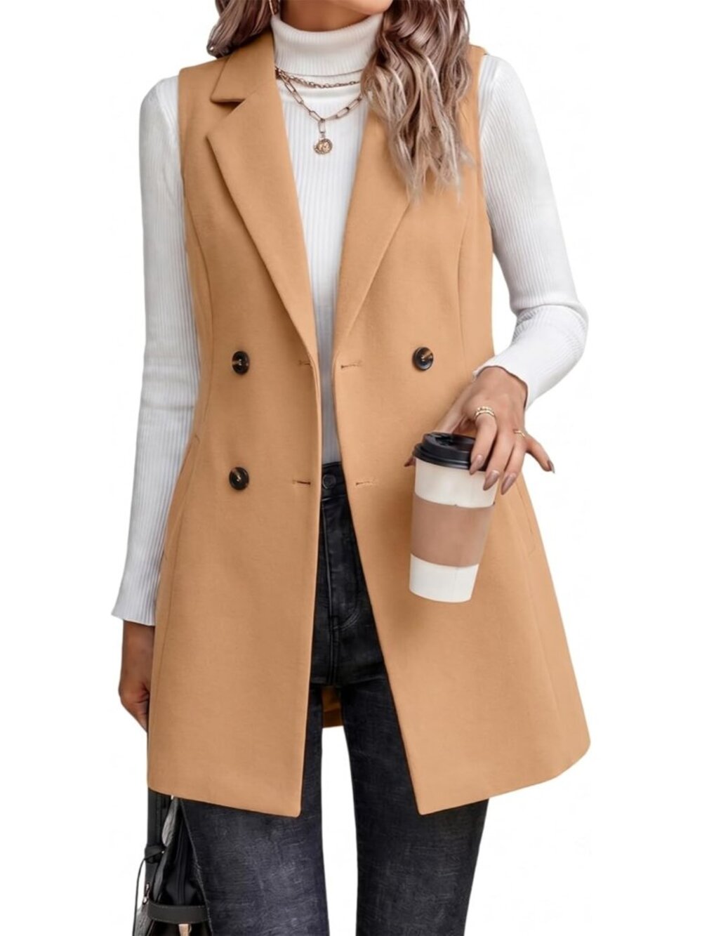 Women Pure Camel Notch Collar Sleeveless Cardigan Outerwear Blazer Fall Jackets